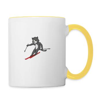 Katze Ski Skifahren Piste Wintersport Miau - Tasse zweifarbig - Weiß/Gelb - Rechts
