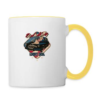 USA Rockabilly Pin-Up Girl Rock Oldtimer Auto - Tasse zweifarbig - Weiß/Gelb - Rechts