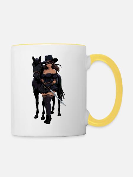 Zorro-Frau mit schwarzem Pferd - Tasse zweifarbig - Weiß/Gelb