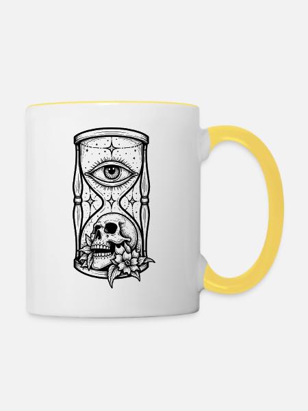 Stundenglas-Schädel-Augen-Spook-Tattoo - Tasse zweifarbig - Weiß/Gelb