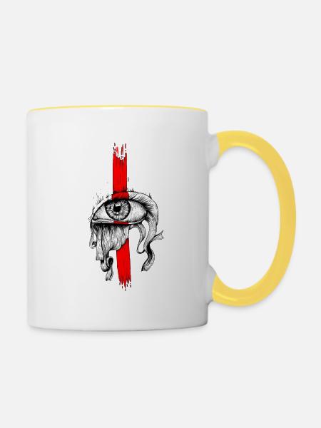 Rot eingefärbtes Auge - Tasse zweifarbig - Weiß/Gelb