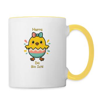 Hurra, da bin ich! - Süßes Babyküken Design - Tasse zweifarbig - Weiß/Gelb - Rechts