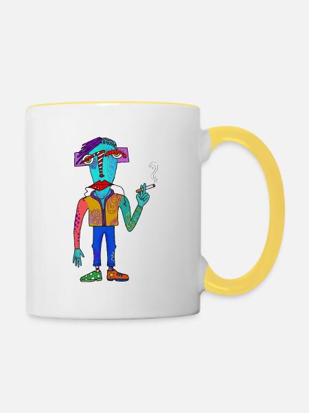 Buntes Kubistisches Wesen mit Zigarette - Tasse zweifarbig - Weiß/Gelb