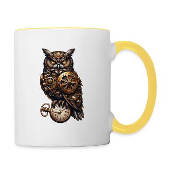 Clockwork Sentinel: Steampunk Owl with Gear - Contrasting Mug - white/yellow - Right