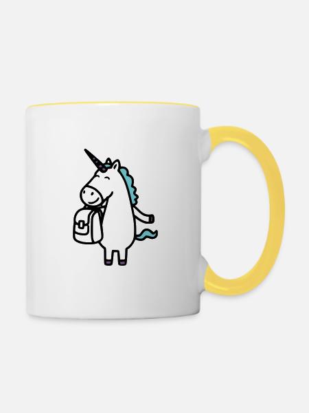 Licorne joyeuse pour l’inscription à l’école avec cartable - Mug contrasté - blanc/jaune