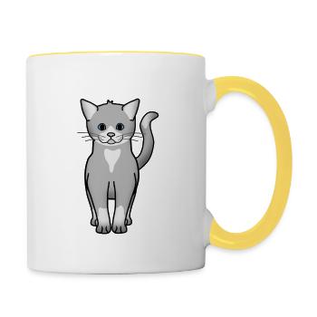 Katze grau vorn - Tasse zweifarbig - Weiß/Gelb - Rechts