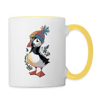 Puffin mit Mütze: Winterlicher Charme - Tasse zweifarbig - Weiß/Gelb - Rechts