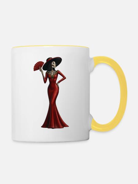 Skelett-Diva im Roten Abendkleid - Tasse zweifarbig - Weiß/Gelb