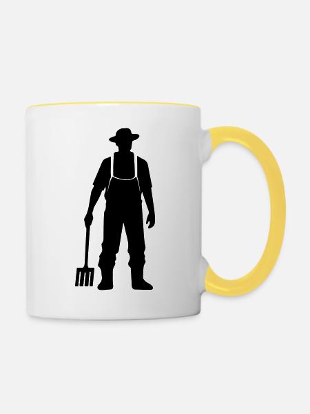 Bauer mit Mistgabel Silhouette - Tasse zweifarbig - Weiß/Gelb