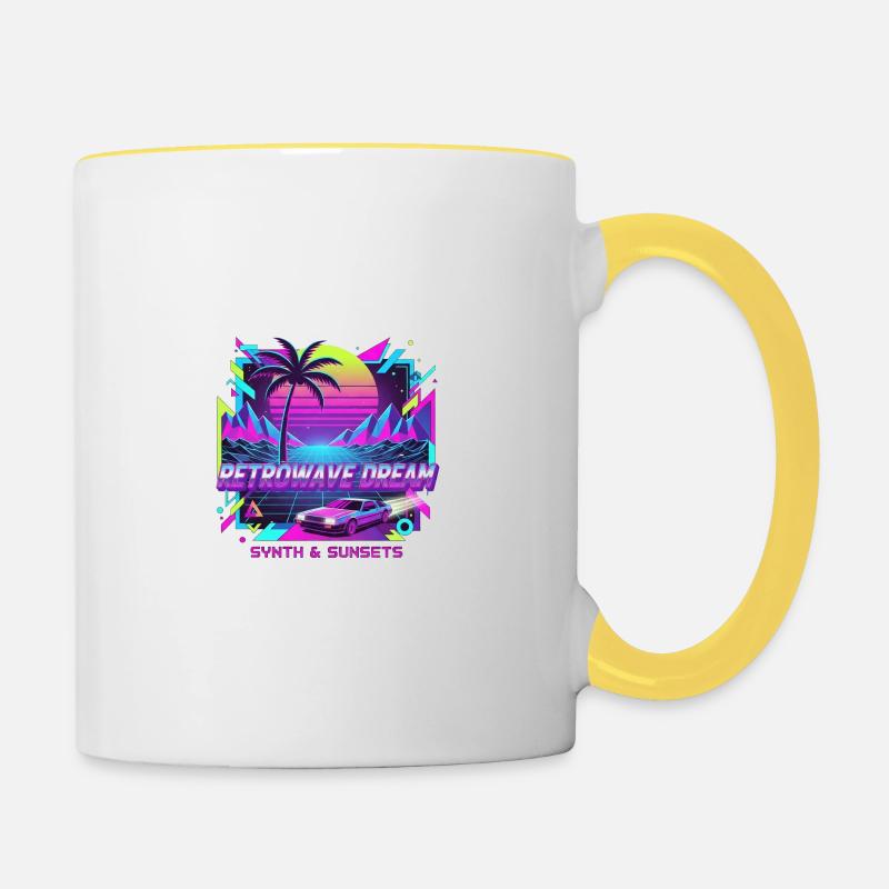 Retro Wave Sunset Car Illustration - Contrasting Mug - white/yellow