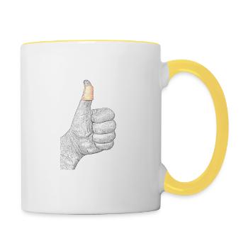 Hand mit Pflaster - Tasse zweifarbig - Weiß/Gelb - Rechts