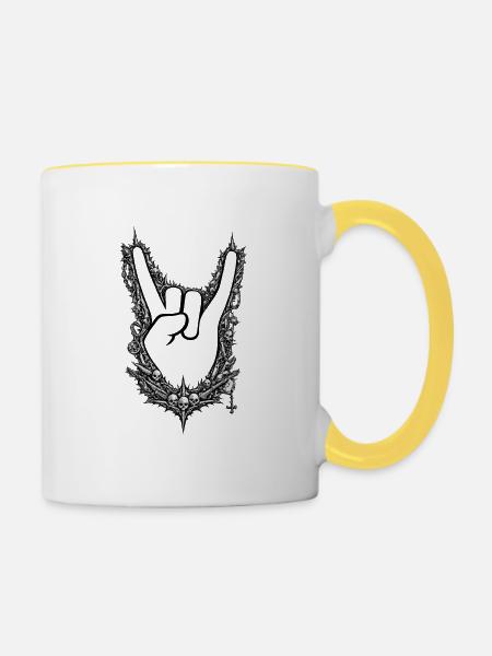 Gothic Rockhand mit Schädelrahmen - Tasse zweifarbig - Weiß/Gelb