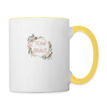 Team Braut! Eukalyptus Blumen Kreis - Tasse zweifarbig - Weiß/Gelb - Rechts