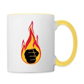 hot flames burn fire fist hand clenched - Contrasting Mug - white/yellow - Right