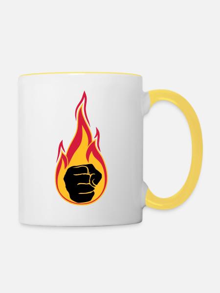flammes chaudes brûlent la main de poing de feu serré - Mug contrasté - blanc/jaune
