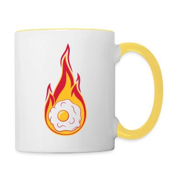 hot fire flames burn torch fried egg cook - Contrasting Mug - white/yellow - Right