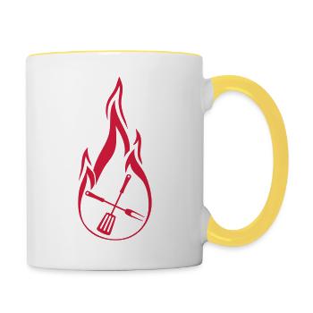 fire barbecue flames hot burn food grill - Contrasting Mug - white/yellow - Right