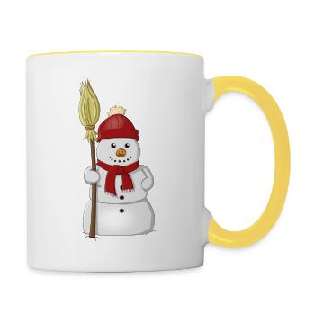 Bonhomme de neige avec balai, chapeau rouge et écharpe - Mug contrasté - blanc/jaune - Droite