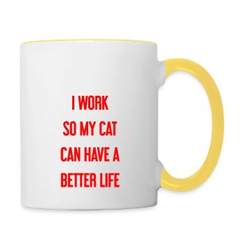 Pour une meilleure vie de chat je travaille! - Mug contrasté - blanc/jaune - Droite