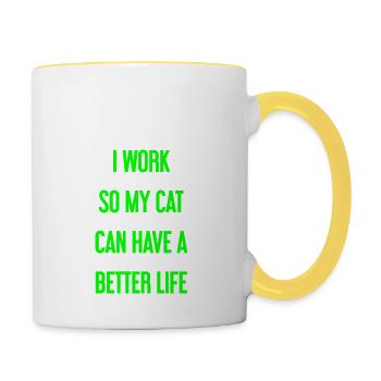 Pour une meilleure vie de chat je travaille! - Mug contrasté - blanc/jaune - Droite