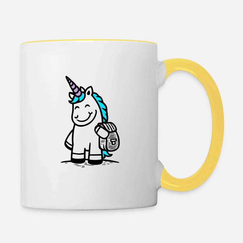 Magisches Einhorn zur Einschulung mit Ranzen - Tasse zweifarbig - Weiß/Gelb
