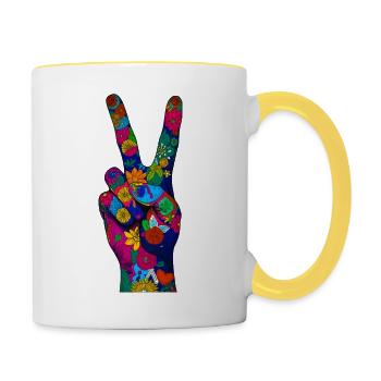Blumen-Friedenszeichen Hand in lebendiger Farbe - Tasse zweifarbig - Weiß/Gelb - Rechts