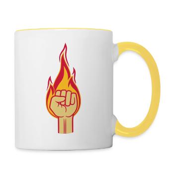 feuer flamme brennen heiss faust revolution hand s - Tasse zweifarbig - Weiß/Gelb - Rechts