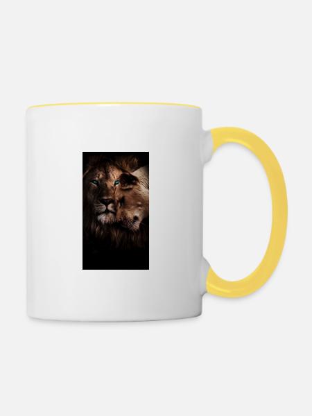 Löwin und Löwe: Dunkle Nähe - Tasse zweifarbig - Weiß/Gelb