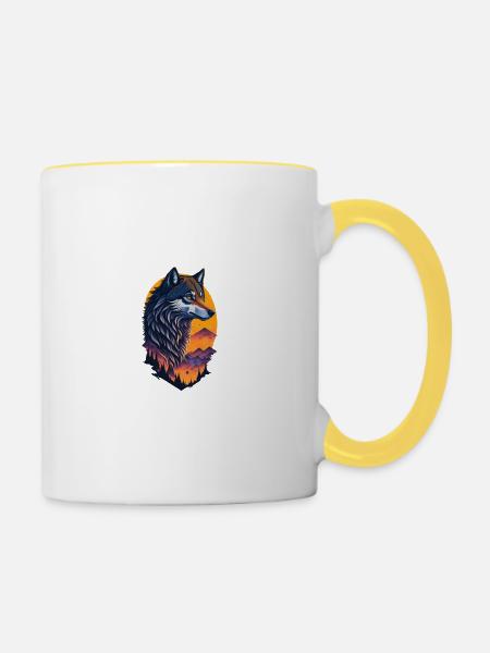 Wolf in den Bergen - Tasse zweifarbig - Weiß/Gelb