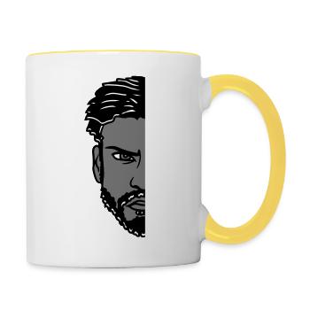 man half face head evil young boy - Contrasting Mug - white/yellow - Right