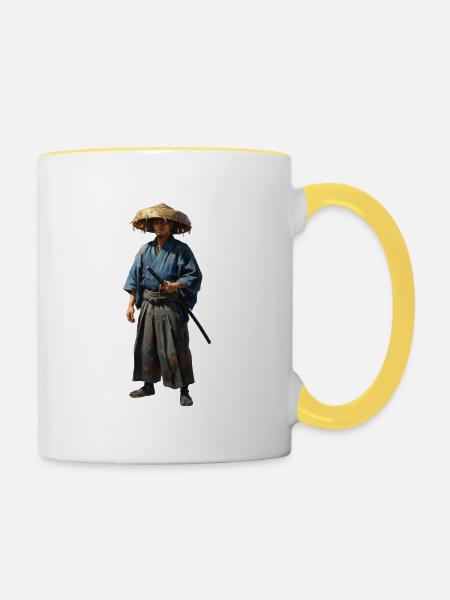 samurai-krieger-mit-strohhut-realistisch - Tasse zweifarbig - Weiß/Gelb