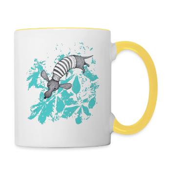 Dackel mit türkisen Blättern - Tasse zweifarbig - Weiß/Gelb - Rechts