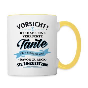 Vorsicht! verrückte Tante Verwandte Familie Kinder - Tasse zweifarbig - Weiß/Gelb - Rechts