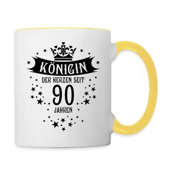 Königin der Herzen seit 90 Jahren Geburtstag - Tasse zweifarbig - Weiß/Gelb - Rechts