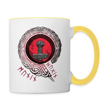 Thor Hammer Mjölnir with Odin Ravens Hugin and Munin - Contrasting Mug - white/yellow - Right