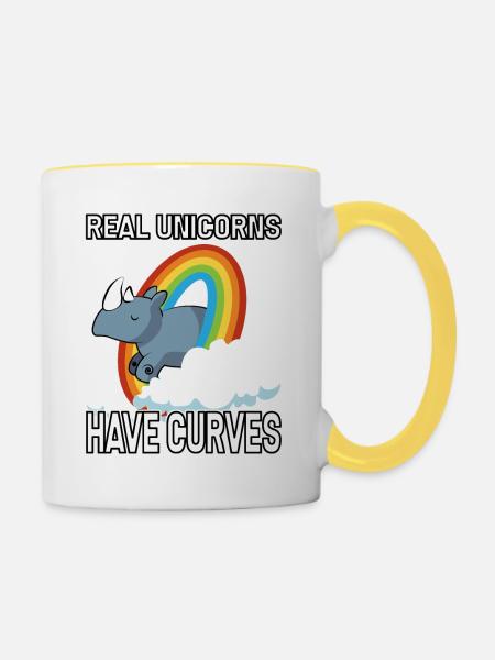Wahre Einhörner haben Kurven - Tasse zweifarbig - Weiß/Gelb
