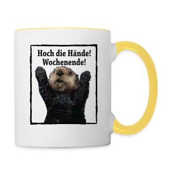 Biber Hoch die Hände! Wochenende! - Tasse zweifarbig - Weiß/Gelb - Rechts
