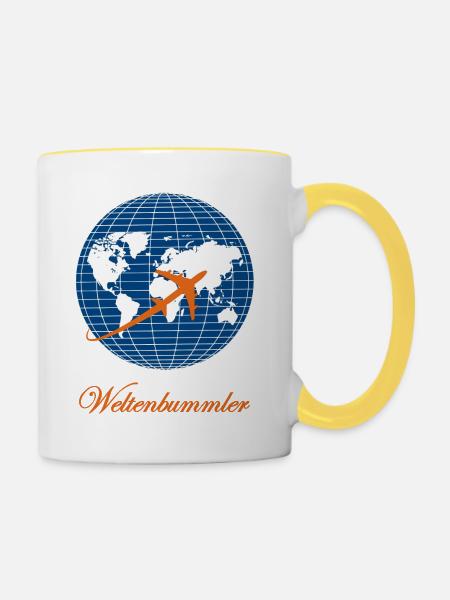 Weltenbummler - Geschenk Reise - Tasse zweifarbig - Weiß/Gelb