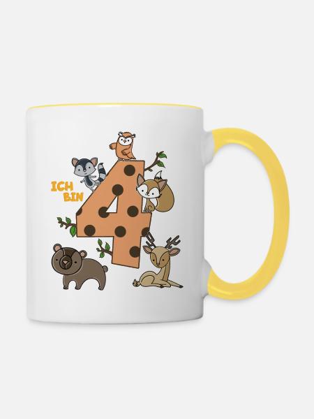 Geburtstagsshirt 4 Jahre Junge Mädchen Fuchs Bär - Tasse zweifarbig - Weiß/Gelb