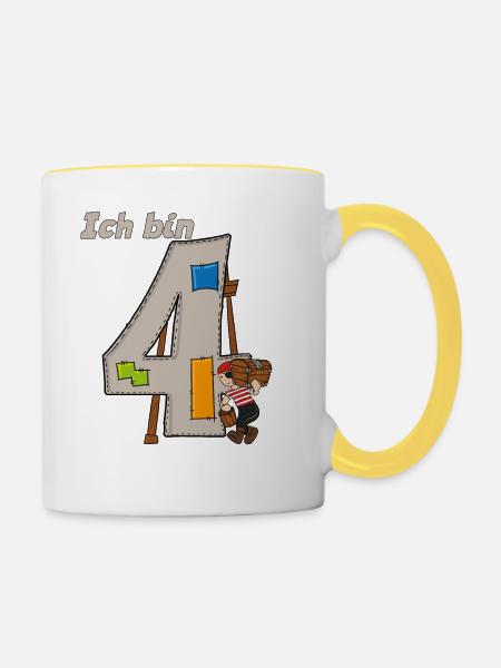 Geburtstagsshirt 4 Jahre Pirat Motiv Junge - Tasse zweifarbig - Weiß/Gelb