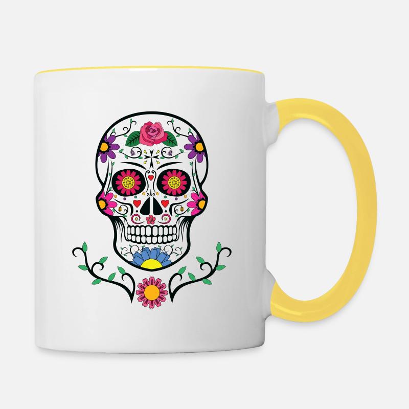 Totenkopf - Bunt - Schnurrbart -Bart - Tasse zweifarbig - Weiß/Gelb