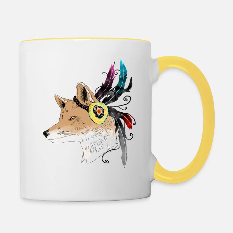 Fox with feather / Indian - Contrasting Mug - white/yellow