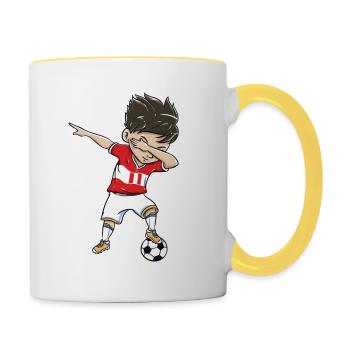 Betupfen des Fußballspieler-lustigen Peru-Fan-Druckjungen - Tasse zweifarbig - Weiß/Gelb - Rechts