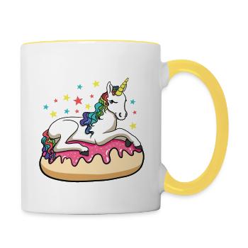Süßes buntes Sterne Einhorn sitzt auf einem Donut - Tasse zweifarbig - Weiß/Gelb - Rechts