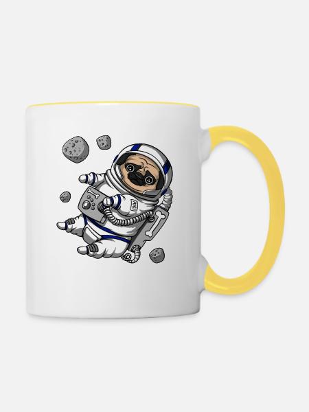 Mops-Hunderaum-Astronauten-Haustier - Tasse zweifarbig - Weiß/Gelb