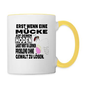 Hoden Eier Mücke Stich Gewalt Problem Spruch - Tasse zweifarbig - Weiß/Gelb - Rechts