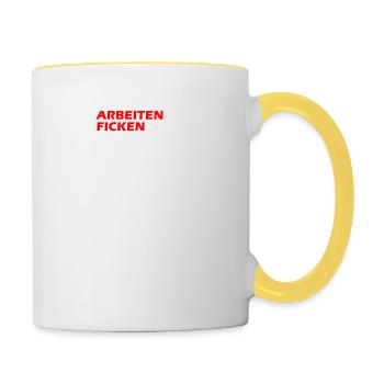 Wir arbeiten zuviel, wir ficken zuwenig I Geschenk - Tasse zweifarbig - Weiß/Gelb - Rechts