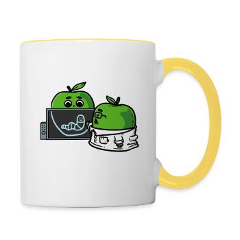 Apple doctor the patient x-rays with worm - Contrasting Mug - white/yellow - Right