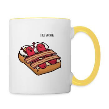 Bonjour petit déjeuner oeufs saucisses toast au bacon - Mug contrasté - blanc/jaune - Droite