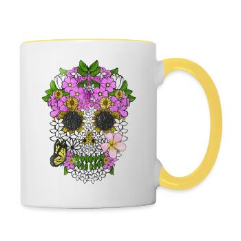 Dia De Los Muertos Crâne Fleuri Le Jour Des Morts - Mug contrasté - blanc/jaune - Droite